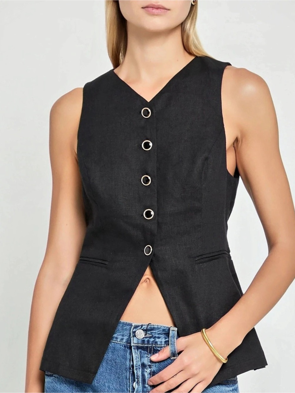 Kourt Few Moda Black Annabel Button-Front Linen Vest
